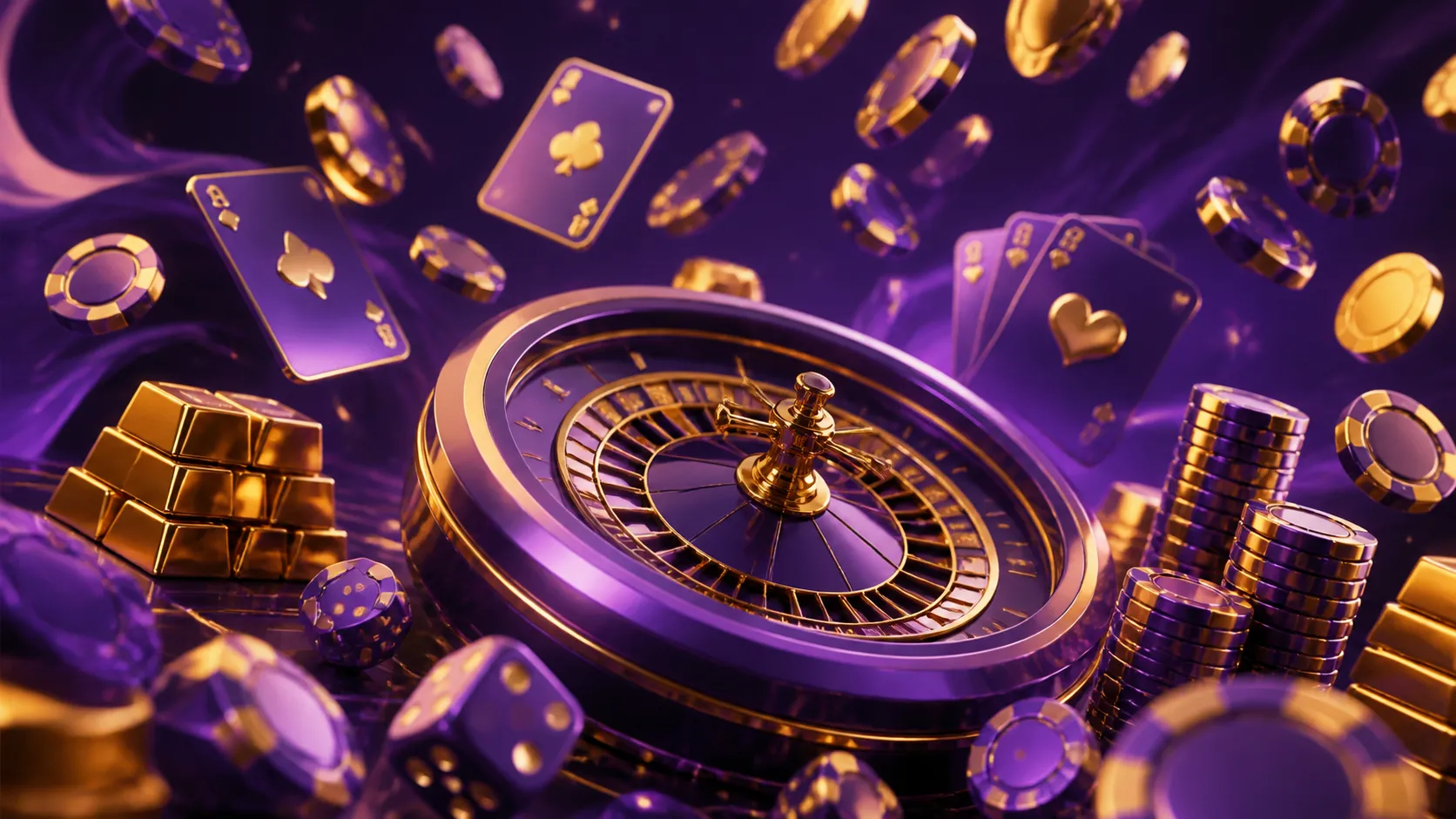 Stunning hero banner with floating poker chips, glowing roulette, and luxurious elements for Playbaze casino.