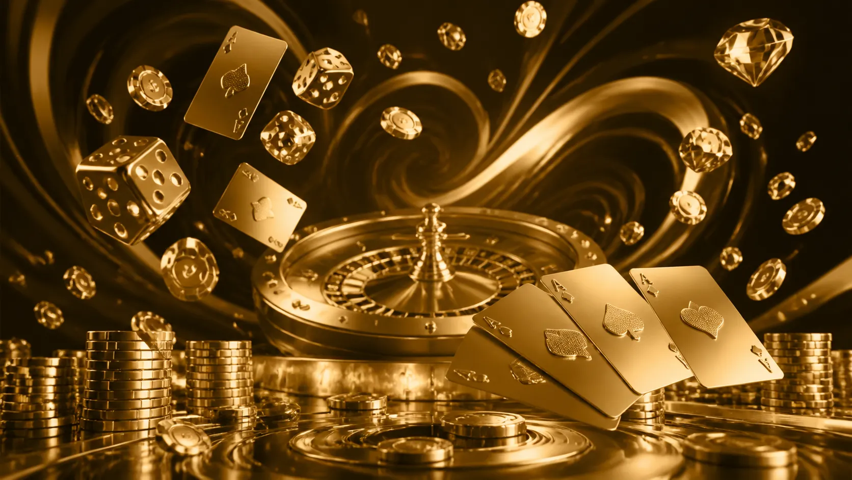 Cinematic view of luxury casino with glowing slot machine and poker elements.